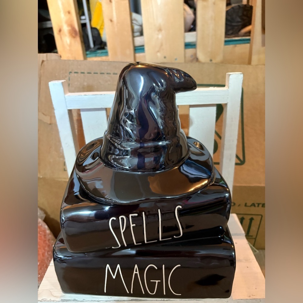 Rae Dunn Black Ceramic Witch Hat and Spell Books Decor
